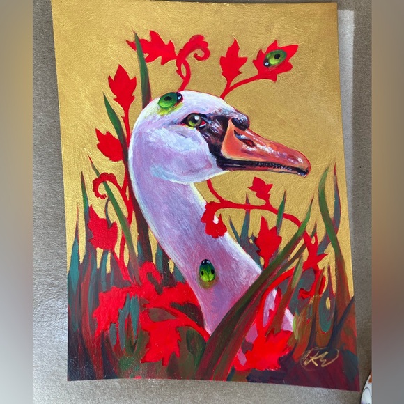 Surreal Swan original Painting ladybug Gold Art Unique decor nouveau ArtEttina